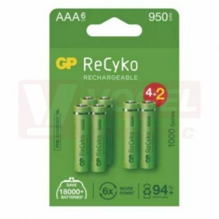 Baterie  1,20 V R03 mikro NiMH 1000mAh GP ReCyKo HR03 dobíjecí. blistr/6ks, (950mAh)