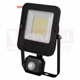Svítidlo LED reflektorové  30W (ALFA PIR SMD 30W CW)+ PIR čidlo, čas 5s-10min, 2-2000lx, citlivost 1-10m, 3000lm, 6000K studená bílá, IP44, úhel vyzař.120°, živ. 25000h, tělo lak.hliník, difuzor tvrz.sklo, 185x110x58mm, svorkovnice, max.3x1,5mm2 (GXLR054)