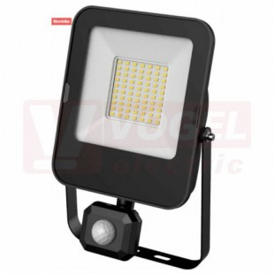 Svítidlo LED reflektorové  50W (ALFA PIR SMD 50W CW)+ PIR čidlo, čas 5s-10min, 2-2000lx, citlivost 1-10m, 5000lm, 6000K studená bílá, IP44, úhel vyzař.120°, živ. 25000h, tělo lak.hliník, difuzor tvrz.sklo, 218x140x61mm, svorkovnice, max.3x1,5mm2 (GXLR056)