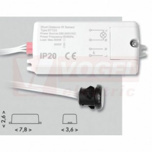 Senzor pohybu 500W (EST122-BI) reaguje na pohyb ruky, barva těla bílá, PIR senzor 8m, úhel 120°, IP20, rozměr 7,8x3,6x2,6cm