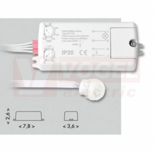 Senzor pohybu 500W (EST129-BI) +PIR dosah 8m, úhel 120°, doba sepnutí 10s-15min, citliovst 3-2000lx, IP20, tělo bílý plast, rozměr 7,8x3,6x2,6cm