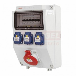 Zásuvková skříň ZSF30100000.0 /3958 IP44 jištěná 6kA bez chrániče, zás. 3x230V/16A/3p, 1x400V/16A/5p, všh 330x215x155mm (jisič 3xB16/1, 1xB16/3)