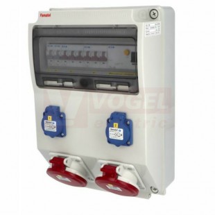 Zásuvková skříň ZSF20002000.1 /3959 IP54 jištěná 10kA s chráničem 40/4/003, zásuvky 2x230V/16A/3p, 2x400V/32A/5p, rozměry 398x266x153mm, (jistič 2xB16/1, 2xB32/3)