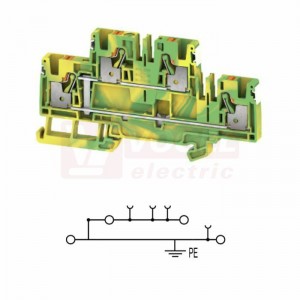 A2T 4 PE DL svorka řadová, dvoupatrová, průchozí PUSH-IN 4mm2, 32A/800V, zeleno-žlutá, š=6,1mm, nacvakávací TS35 (2675200000) DL = Direct Labeling - svorka je osazená štítky pro přímý popis