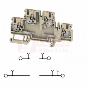 A2T 2,5 EM3 D/0 svorka řadová dvoupatrová PUSH-IN 2,5mm2, s otvory pro montáž elektron.součástky, tm.béžová, š=5,1mm, 500V, upevnění na DIN lištu TS35 (2704340000)