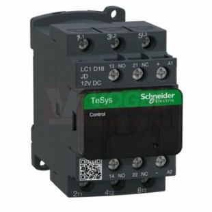 LC1D18JD      Stykač 3P 18A AC-3,  12V DC, pom.kont. 1"Z"+1"V" šroub.svorky, cívka s odrušovacím modulem