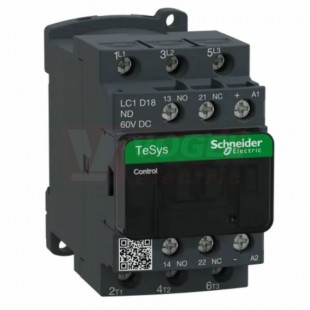 LC1D18ND      Stykač 3P 18A AC-3,  60V DC, pom.kont. 1"Z"+1"V" šroub.svorky, cívka s odrušovacím modulem
