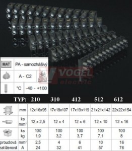 TYP512_FA svorkovnice černá, š/v/hl 21x21x142mm, vodič 12x10mm2, 57A/500V, PA6 (bal=100ks)