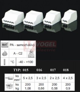 TYP018_XX svorka bezšroubová žlutá/čirá, rozměr 17,2x9,5x9,5mm, průřez vodiče 4x 1-2,5mm2, max. zatížení 24A, pro napětí do 450V, PA