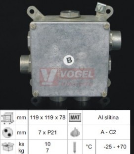 7221 B_P21 krabice s víčkem a ochrannou svorkou, AL, čtyři vývodky a tři zátky, š/v/hl 120x120x76mm, bez svorkovnice, instalace v sítích TNS, IP54, IK10