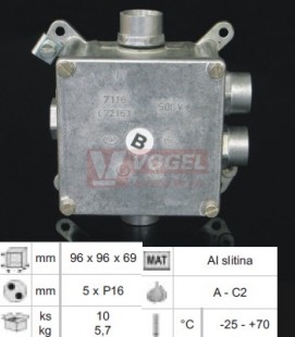 7216 C_P16 krabice s víčkem, AL, š/v/hl 96x96x64mm, 4 vývodky a jedna zátka, instalace v sítích TNC, IP54, IK10