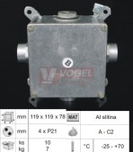 7121 C_P21 krabice s víčkem, AL, š/v/hl 120x120x76mm, 3 vývodky pro trubky se závitem P21 a jedna zátka, bez ochr.svorkovnice pro instalaci v sítích TNC, IP54, IK10