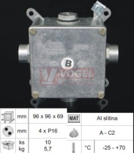 7116 C_P16 krabice s víčkem, AL, š/v/hl 96x96x64mm, IP54, IK10, 3 vývodky pro trubky se závitem P16 a jedna zátka, TNC