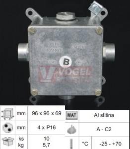 7116 B_P16 krabice s víčkem a ochrannou svorkou, AL, š/v/hl 96x96x64mm, IP54, IK10, 3 vývodky pro trubky se závitem P16 a jedna zátka, TNS