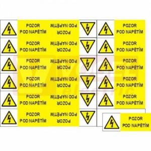 Samolepka výstrahy "Pozor pod napětím!" (černý tisk, žlutý podklad), symbol s textem 9x3,2cm (1arch=18 kusů) (0121)