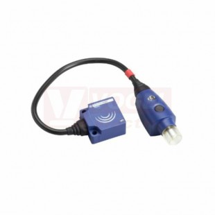 XS9E11RPBL01M12 Indukční čidlo 26x26x13mm, 12…24VDC, Sn=10mm, stíněný, plast, 3-vodiče, PNP/NC, konektor M12/4pin s kabelem 0,15m, IP67
