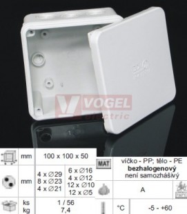 005.CS.K_KB krabice rozvodná IP 65 bez svorkovnice, sv.šedá, š/v/hl 103x103x57mm, opatřena očkem pro zaplombování, PP víčko, PE tělo, 2 vstupů - 4x průchody průměru 21 mm, 4x průchody průměru 23 mm, 4x průchody průměru 29 mm, RAL 7035