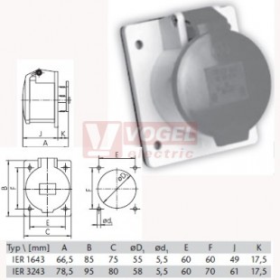 Zásuvka vestavná 4P  16A 400V IP44 IER 1643 rovná