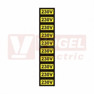Samolepka výstrahy "230V" text (černý tisk, žlutý podklad), (0181C) 1,5x3cm  (1arch=10ks)
