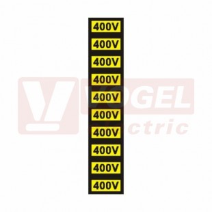Samolepka výstrahy "Pozor napětí 400 V" (černý tisk, žlutý podklad), symbol s textem 1,5x3cm (1arch=10ks), (0181D) jednotlivé nutné stříhat