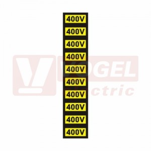 Samolepka výstrahy "Pozor napětí 400 V" (černý tisk, žlutý podklad), symbol s textem 1,5x3cm (1arch=10ks), (0181D) jednotlivé nutné stříhat