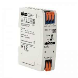 Zdroj spínaný 1f 24VDC  1,25A (WAGO 2687-2142) 30W, řada ECO2, Uvstup 1x90..264VAC, U výstup adj. 22-29DC, švh 25x100x90mm, svorky Push-in CAGE CLAMP, úč. 88%, plastové tělo, montáž na DIN lištu