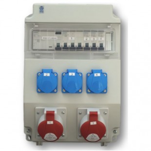 ROS 11/FI-68 Siemens, zásuvková rozvodnice 2x 5P/16A/400V + 3x3P/16A/230V, jištěná 10kA 3x1f/16A, 1x3f/16A, chránič 4P/40A, IP54, rozměr švh 241x343x163mm