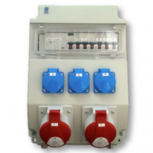 ROS 11/FI-69 Siemens, zásuvková rozvodnice 2x 5P/32A/400V + 3x3P/32A/230V, jištěná 10kA 3x1f/16A, 1x3f/32A, chránič 4P/40A, IP54, rozměr švh 241x343x163mm