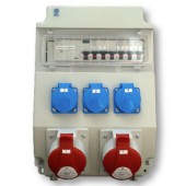 ROS 11/FI-69 Siemens, zásuvková rozvodnice 2x 5P/32A/400V + 3x3P/32A/230V, jištěná 10kA 3x1f/16A, 1x3f/32A, chránič 4P/40A, IP54, rozměr švh 241x343x163mm