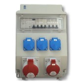 ROS 11/FI-67 Siemens, zásuvková rozvodnice 1x 5P/16A/400V, 1x 5P/32A/400V + 3x3P/16A/230V, jištěná 10kA 3x1f/16A, 1x3f/32A, chránič 4P/40A, IP54, rozměr švh 241x343x163mm