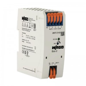 Zdroj spínaný 1f 24VDC  2,5A (WAGO 2687-2143) 60W, řada ECO2, Uvstup 1x90..264VAC, U výstup adj. 22-29DC, švh 35x100x90mm, svorky Push-in CAGE CLAMP, úč. 91%, plastové tělo, montáž na DIN lištu