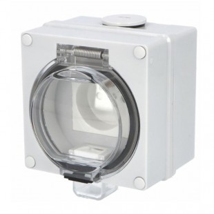 Zásuvka TITAN 16A/250V/2P+PE s ochr. kolíkem, šedá, transparentní víko, nástěnná, IP66, RAL 7035, Vstupy 1x M25x1,5 a 2xM20x1,5, 100x100x73mm (79021-00)