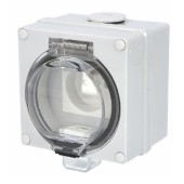 Zásuvka TITAN 16A/250V/2P+PE s ochr. kolíkem, šedá, transparentní víko, nástěnná, IP66, RAL 7035, Vstupy 1x M25x1,5 a 2xM20x1,5, 100x100x73mm (79021-00)