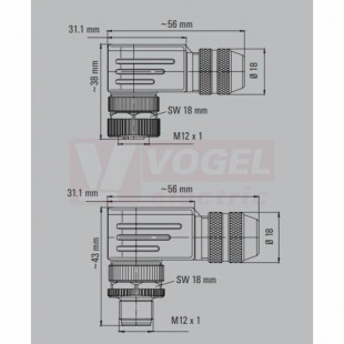 SAISW-M-4/8 M12 konektor M12/4pin/vidl/úhlový, kov.tělo, stíněné A-kódování, šroubové připojení, pro montáž 0,14-0,75mm2, sevření 6-8mm, IP67 (1803930000)