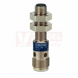 XS108B3PBM12 Indukční čidlo M8, PNP/NC, 12..24VDC, mosaz, Sn=2,5mm, konektor M12/4pin, délka těla 45mm, IP65/67