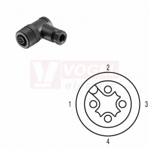 SAIBWS-K-4A-4/6-M12 (st.zn. SAIBW-4/7-(KV) konektor M12/4pin/zás/úhlový, plast.tělo, šroubové připojení, A-kódovaní, pro montáž 0,14-0,75mm2, sevření 4-6mm, IP67