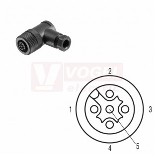 SAIBW-5/7-(KV) konektor M12/5pin/zás/úhlový, plast.tělo, šroubové připojení, A-kódovaní, pro montáž 0,14-0,75mm2, sevření 4-6mm, IP67 (1962630000)