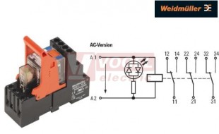 RCMKIT-I 230VAC 3CO LD paticové relé, 3 přepínací kontakty, 10A/240V AgNi, LED indikace červená, test. tlač. ANO, ochraná dioda NE, patice šroubová, š=27,2mm (8921020000)