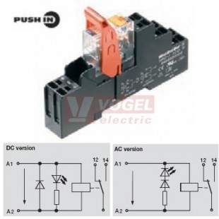 RCIKITP  24VAC 1CO LD paticové relé, 1 přepínací kontakt, 16A/250V AgNi, LED indikace červená, test. tlač. NE, ochraná dioda NE, patice pružinová PUSH-IN, š=15,8mm (8897120000)