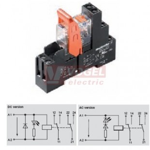 RCIKIT 120VAC 2CO LD paticové relé, 2 přepínací kontakty, 8A/250V AgNi, LED indikace červená, test. tlač. NE, ochraná dioda NE, patice šroubová, š=15,8mm (8897100000)