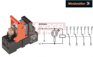 RCMKIT-I 115VAC 4CO LD paticové relé, 4 přepínací kontakty, 6A/240V AgNi, LED indikace červená, test. tlač. ANO, ochraná dioda NE, patice šroubová, š=27,2mm (8921050000)