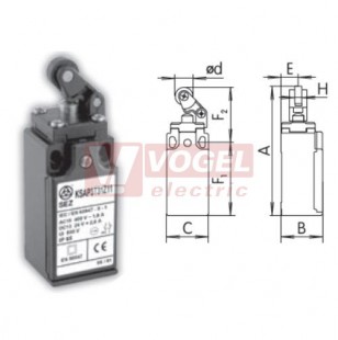 KSAP3T34W02 Koncový spínač s pákou a plastovou kladkou pr.12,5mm, plastový čep, 2V, bez mžikové funkce, kabel.vstup 1x PG11, 92x30x30,3mm, IP65