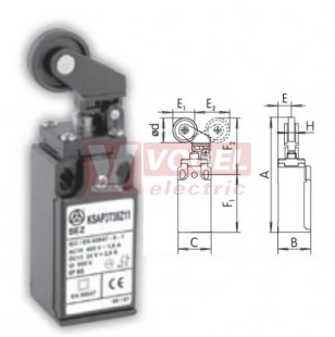 KSAP3T38Y11 Koncový spínač s pákou a plastovou kladkou pr. 22mm s kov.čepem, 1Z+1V, bez mžikové funkce, s přesahem, kabel.vstup 1x PG11, 104x30x30,3mm, IP65