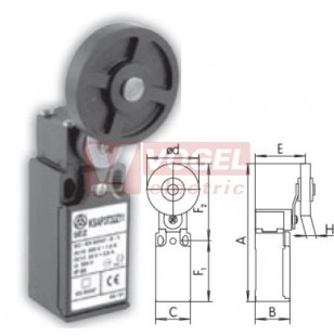 KSAP3T42W20 Koncový spínač s pákou a gumovou kladkou pr.50mm, 2Z, bez mžikové funkce, kabel.vstup 1x PG11, 122x30x30,3mm, IP65