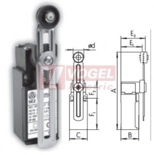KSAP3T5100W20 Koncový spínač s nastavitelnou ozubenou pákou a nylónovou kladkou pr.18mm, 2Z, bez mžikové funkce, kabel.vstup 1xPG11, 98,5-170,5x30x30,3mm, IP65