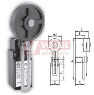 KSAP3T5200Z11 Koncový spínač s nastavitelnou ozubenou pákou a gum. kladkou pr.50mm, 1Z+1V, s mžikovou funkcí, kabel.vstup 1xPG11, 126,5-186,5x30x30,3mm, IP65