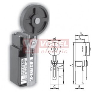 KSAP3T52X11 Koncový spínač s nastavitelnou pákou a gum. kladkou pr.50mm, 1Z+1V, bez mžikové funkce, bez přesahu, kabel.vstup 1xPG11, 126,5-186,5x30x30,3mm, IP65