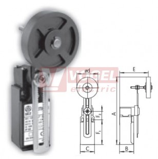 KSAP3T5500W20 Koncový spínač s nastavitelnou ozubenou pákou a gum. nastavitelnou kladkou pr.50mm, 2Z, bez mžikové funkce, kabel.vstup 1xPG11, 114,5-186,5x30x30,3mm, IP65