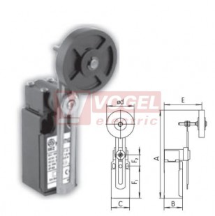 KSAP3T55X11 Koncový spínač s nastavitelnou pákou a nastavitelnou gum. kladkou pr.50mm, 1Z+1V, bez mžikové funkce, bez přesahu, kabel.vstup 1xPG11, 114,5-186,5x30x30,3mm, IP65