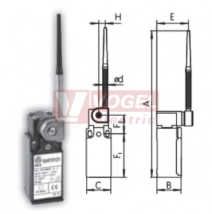 KSAP3T61W20 Koncový spínač ovládaný nerez. pružnou tyčkou pr.7mm s plast. nástavcem, 2Z, bez mžikové funkce, kabel.vstup 1xPG11, 177x30x30,3mm, IP65